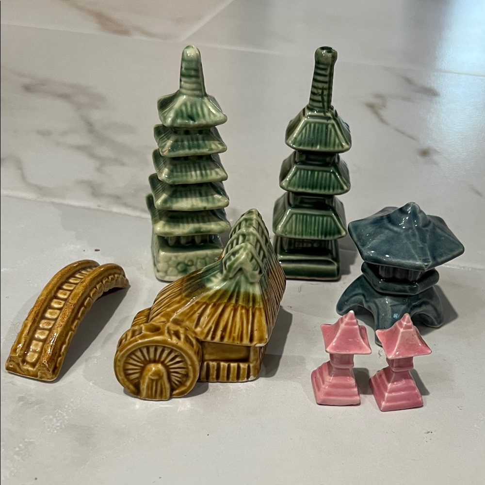 Vintage Ceramic Pagoda and Bridge Set - Green, Pink, Blue, Brown